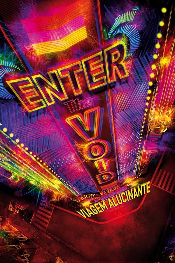 The entire façade of a high-rise building is covered by a colorful neon sign. It shows the words "Enter the Void".